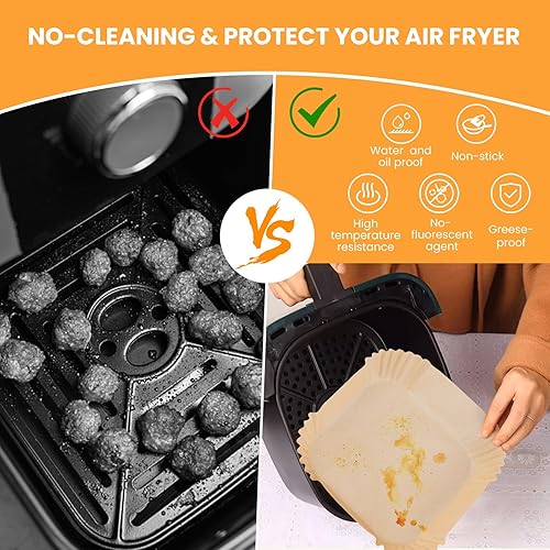 Miniatura 4 de Revestimientos de papel para freidora de aire 100 piezas de forros desechables para freidora de aire, papel pergamino cuadrado antiadherente de 8