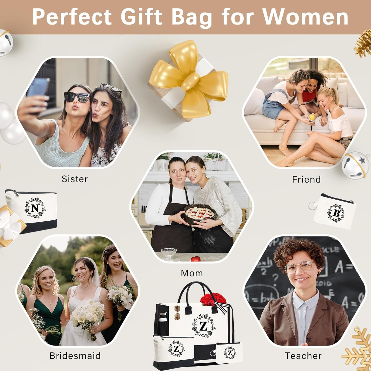 Monogram Personalized Initial Canvas Tote Bags, Double-sided Embroidery Tote Beach Bags Gifts