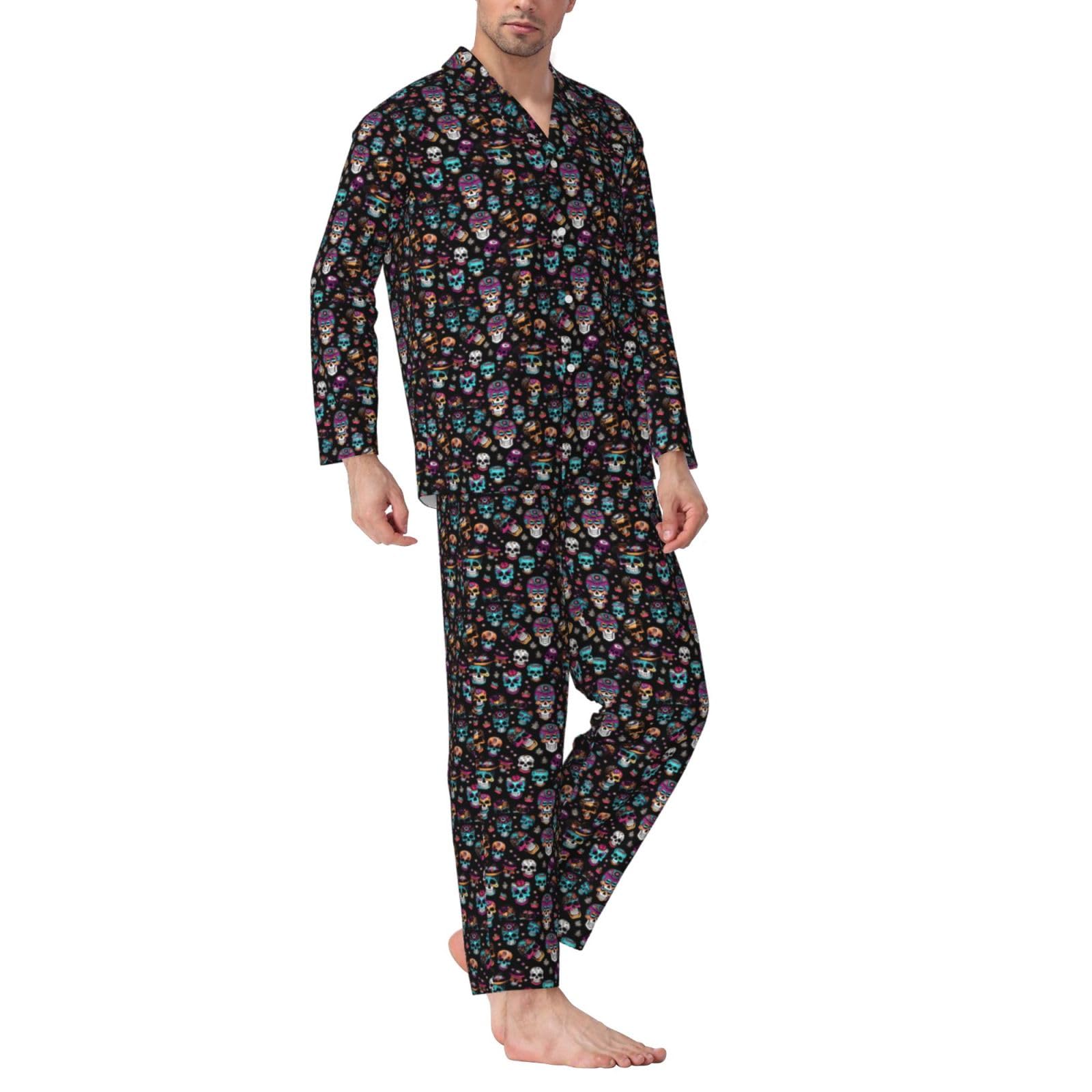 Sugar and Skulls Herren-Pyjama-Set, langärmelig, zweiteilig, Hauskleidung, bequeme Nachtwäsche, Nachtwäsche