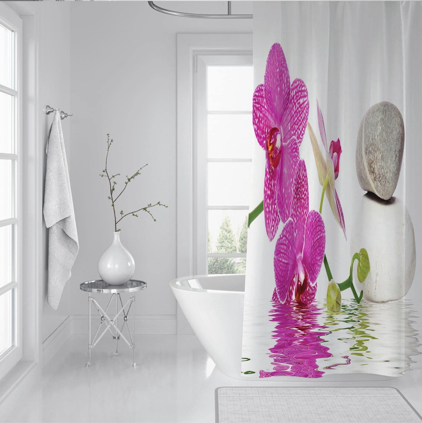 Zasłona prysznicowa do spa, kamienie orchidei, wellness, medytacja, zieleń, wystrój łazienki, można prać w pralce, szybkoschnące, zestaw zasłon prysznicowych, 150 x 200 cm