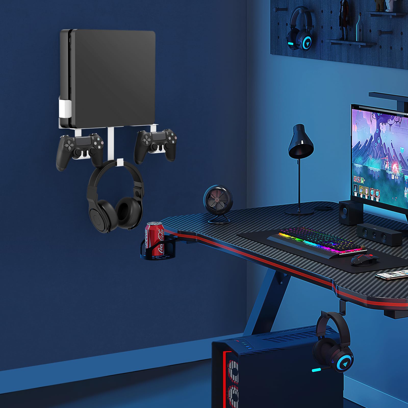 Kit di montaggio a parete con 2 controller staccabili e gancio per cuffie, supporto da parete in metallo compatibile con PlayStation 4 Slim