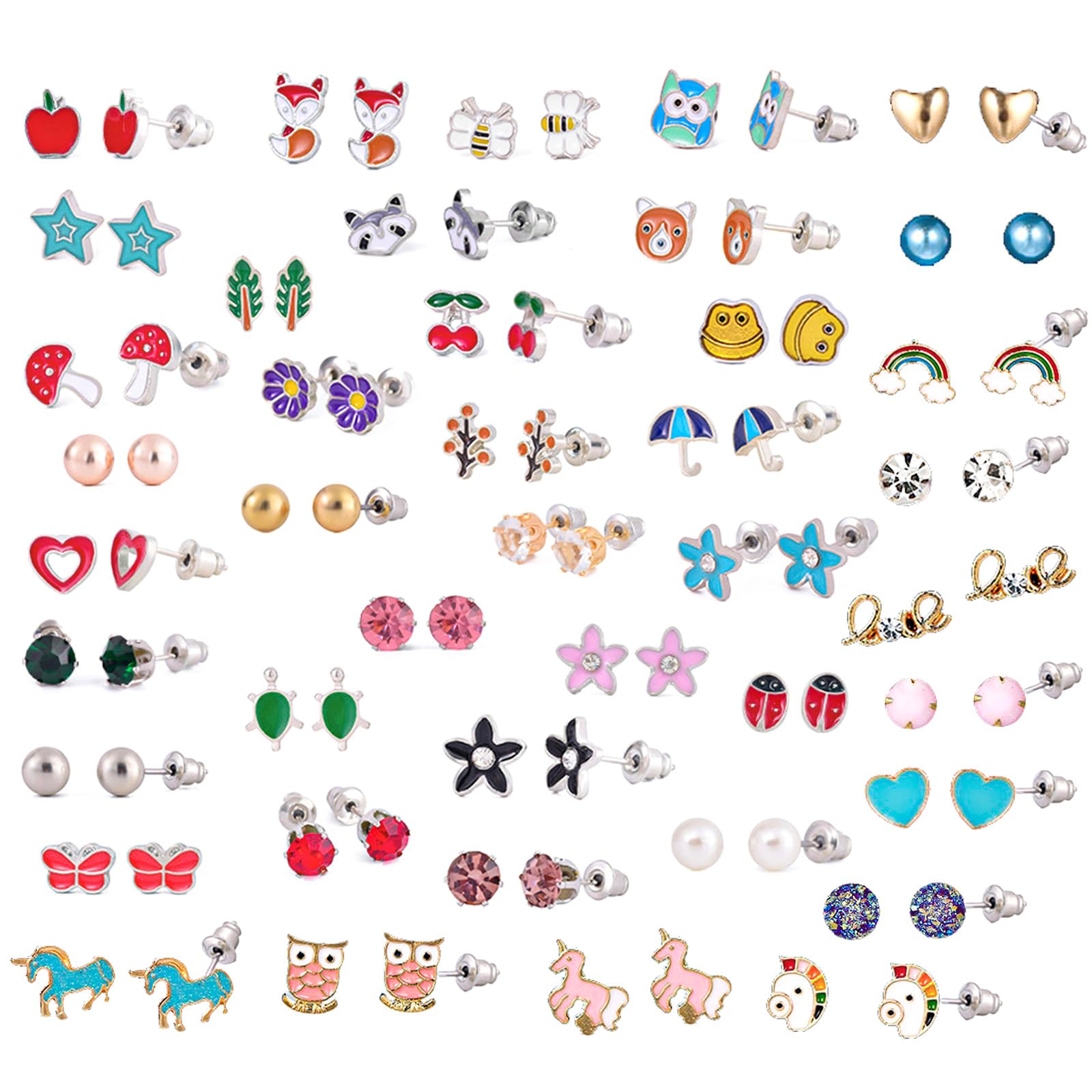 JUZICHEN 32-45 Pares Acero Inoxidable Niños Pendientes Lindos, Pendientes Hipoalergenicos Niña, Pendientes Animales Pequeños Pendientes De Perlas, Circón Arcoíris Flores Animal Frutas Pendientes De Niña