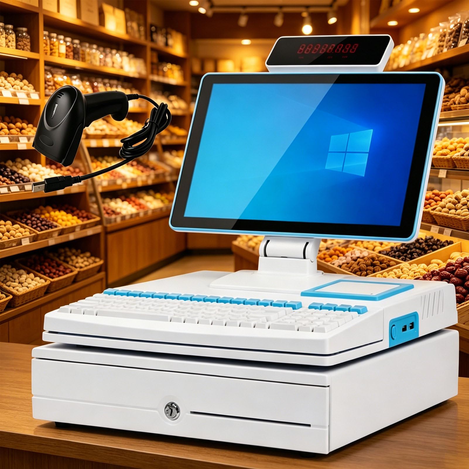 Pvxa White Smart Cash Register, All-In-One Cash Register With 15.6" Touch Screen Monitor, With Cpu I3, 4 Gb Ram, 64 Gb Ssd, Windows 10, For Retail And Restaurant Singlescreen