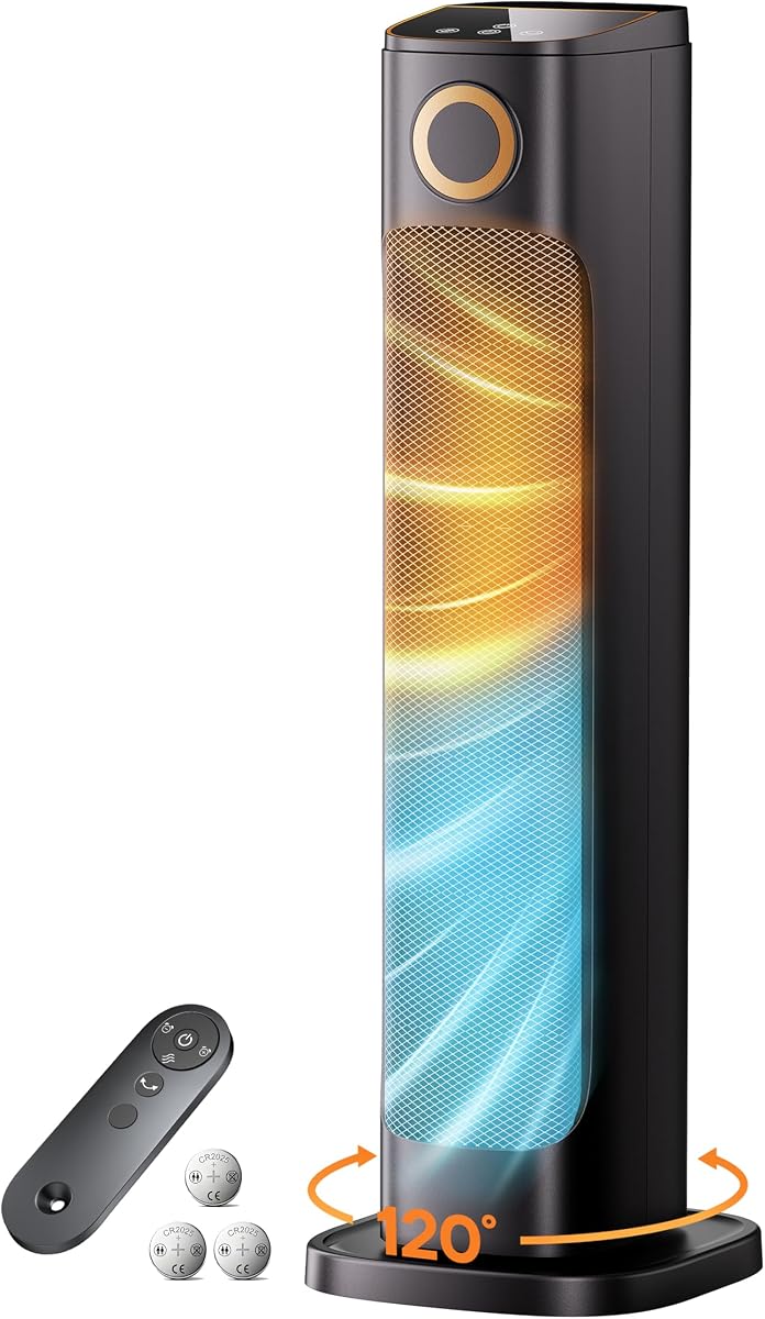 Patio Heater And Fan Combo for Indoor Use with 3 Heat Levels,1500W Tower Portable Electric Space Outdoor with Remote,Infrared Heater, 15H Timer, Oscillation, Quiet, for Garage, Room, Office BLACK