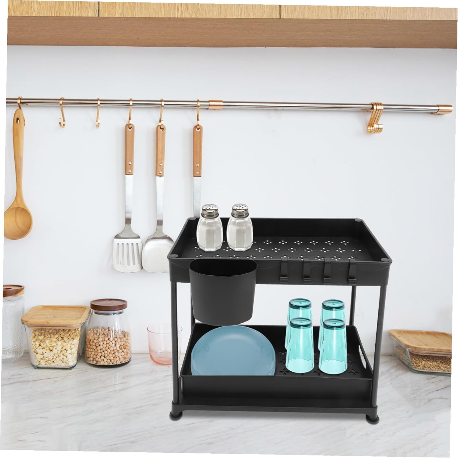 Under Sink Organizer Pull Out Sliding Storage Rack with Hook Space-saving Kitchen Cabinet Organizer for Sink and Countertop Easy Install Removable Black Storage Basket