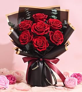 Waipfaru Eternal Preserved 7 Red Roses Bouquet - Valentine's Day Gifts for Her, Forever Roses Anniversary Birthday Flowers for Women
