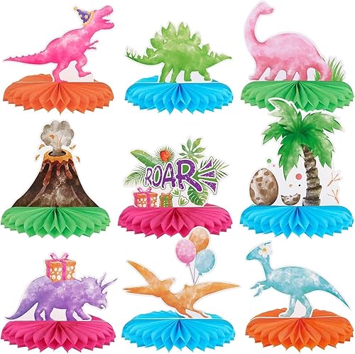 WERNNSAI 9 piezas de centro de mesa de nido de abeja para fiesta de dinosaurio, decoración de fiesta de cumpleaños de dinosaurio para niñas y niños,