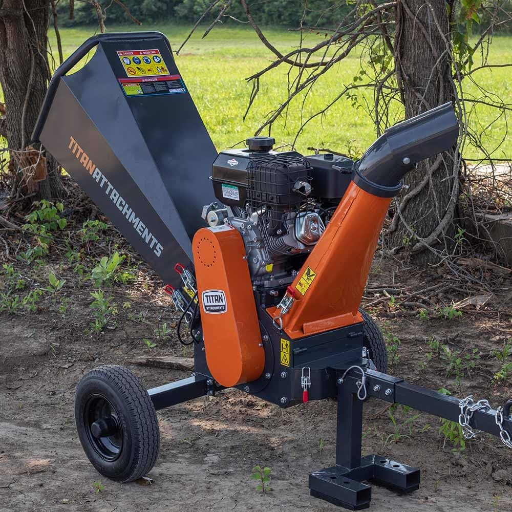 Titan Attachments 420cc 5in Diameter Tow-Behind Wood Chipper Shredder, 13.5HP Engine, Electric Start
