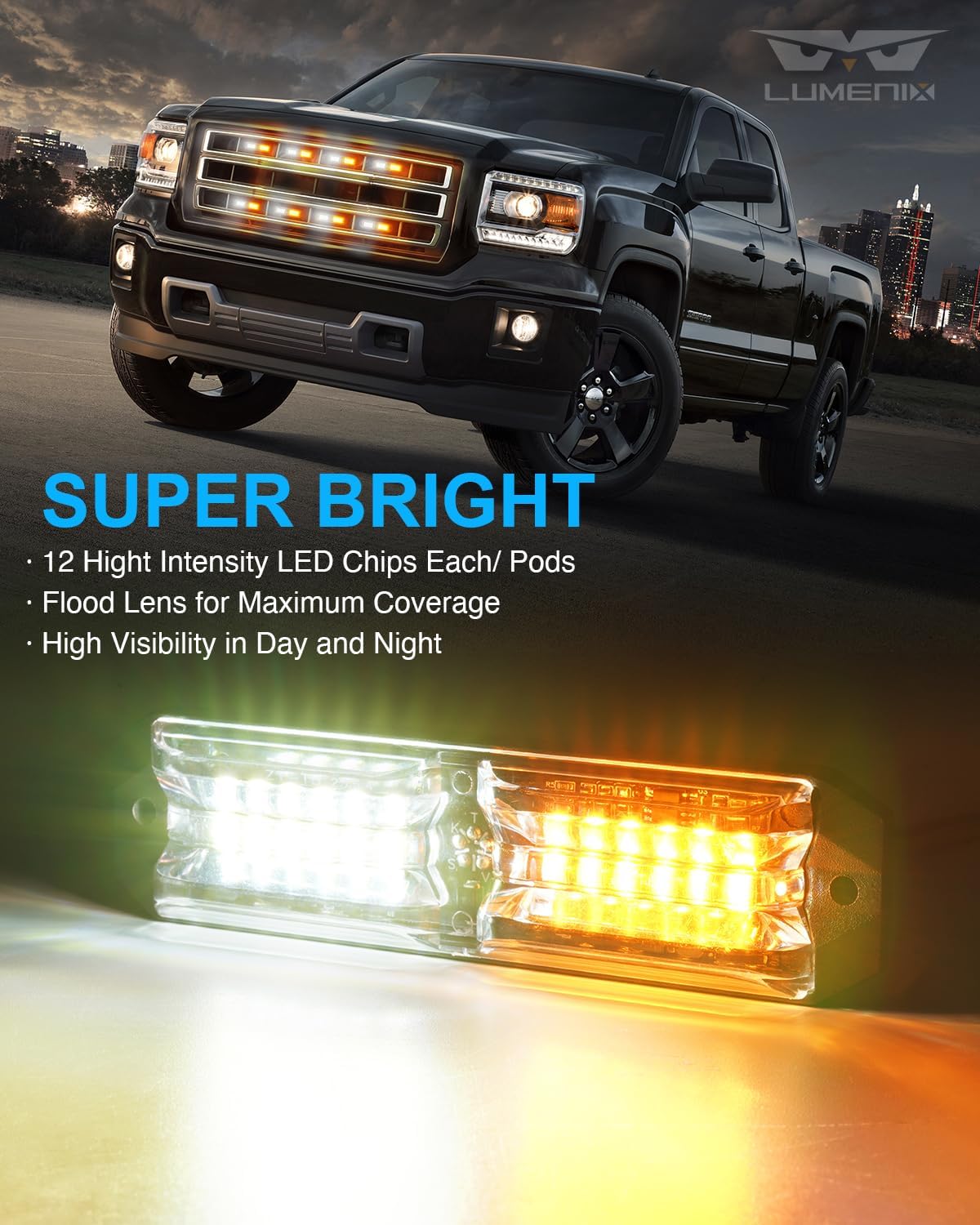 LUMENIX Grille Strobe Light Kits for Trucks, 12-LED Surface Mount Ultra Slim Emergency Hazard Warning Lights Head for Construction Vehicles Cars - White Amber