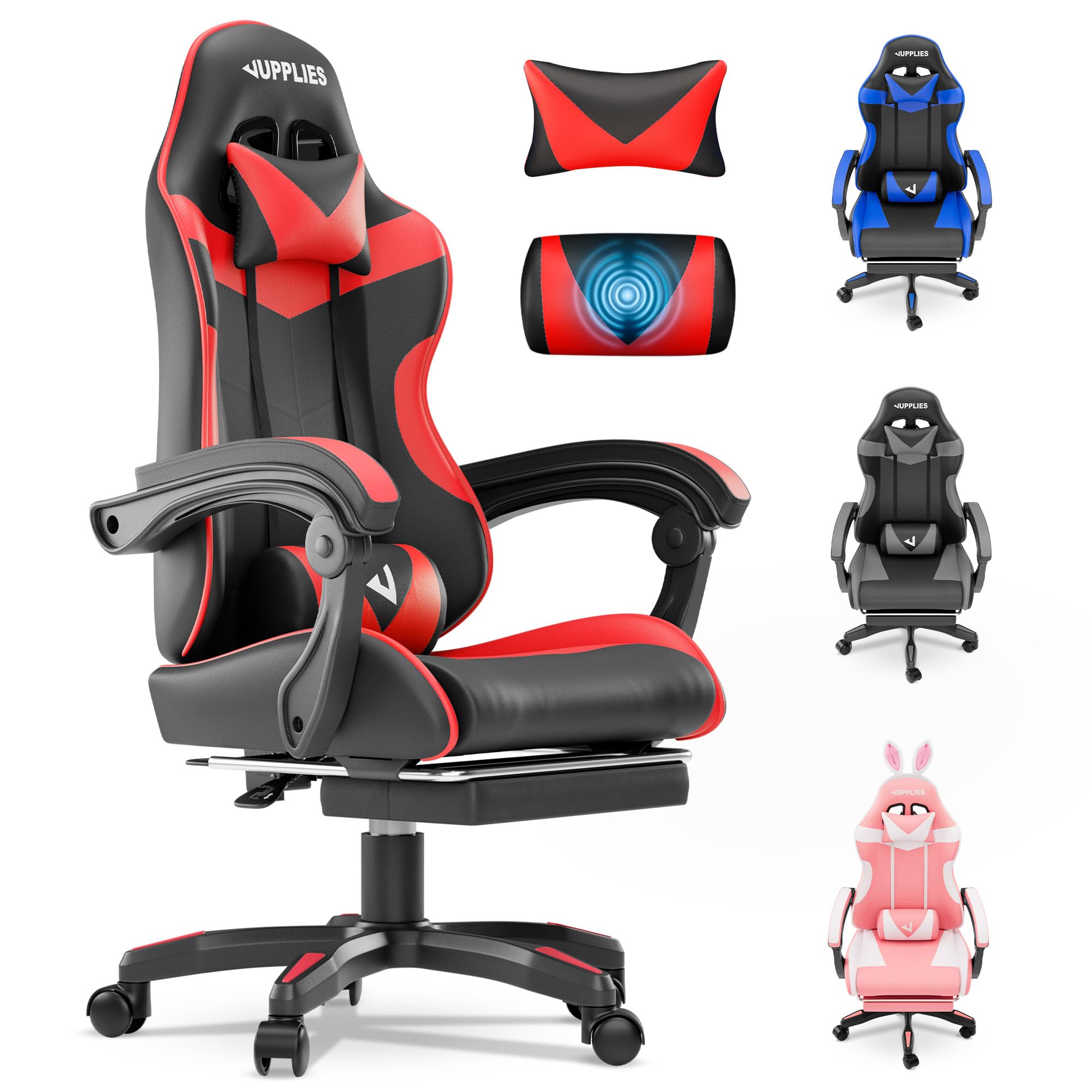 JUPPLIES Sedia da Gaming con Poggiapiedi Estensibile e Massaggiatore Lombare | Poltrona Gaming Reclinabile fino a 135° e Regolabile in Altezza | Sedia da Ufficio Ergonomica con Braccioli Imbottiti