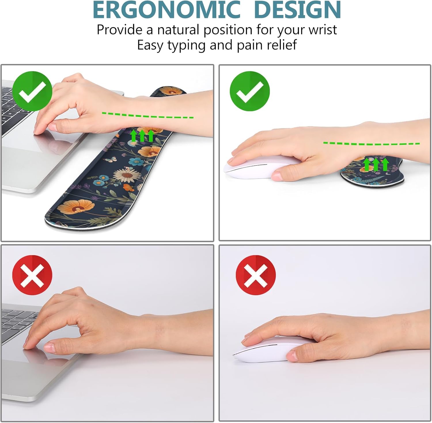 DINKY Desk Mat Keyboard Mouse Pad Set, Large Gaming Mouse Pad +Keyboard Wrist Rest +Mousepad with Wrist Rest +Coaster, Ergonomic Non-Slip 4 in 1 Combo, Flowers Plants Butterflies