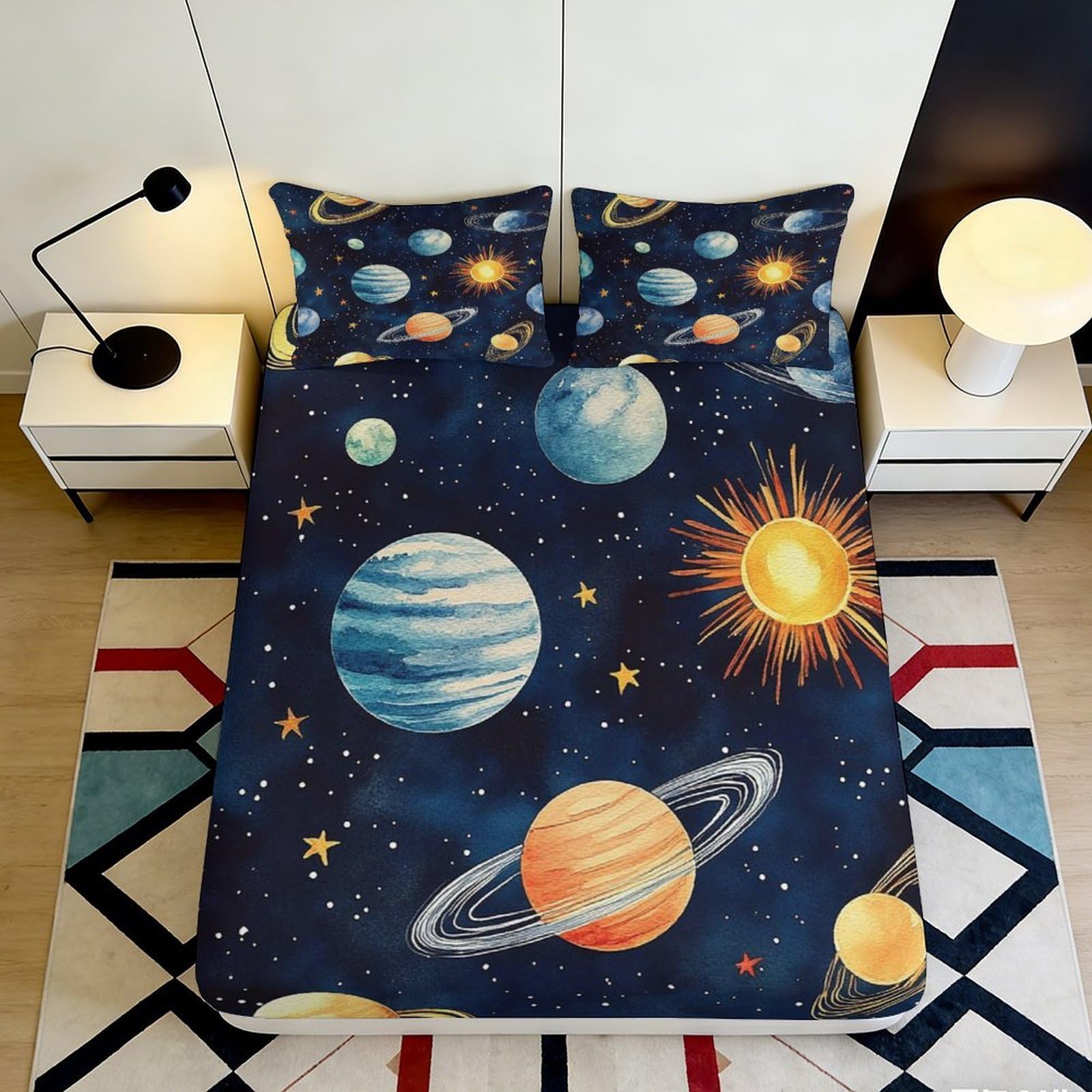 3D Printed Solar System Galaxy Fitted Sheet Microfiber Soft Breathable Space Planets Mattress Cover for Bedroom Dormitory Guest Room Mattress Protection 160x200x25cm