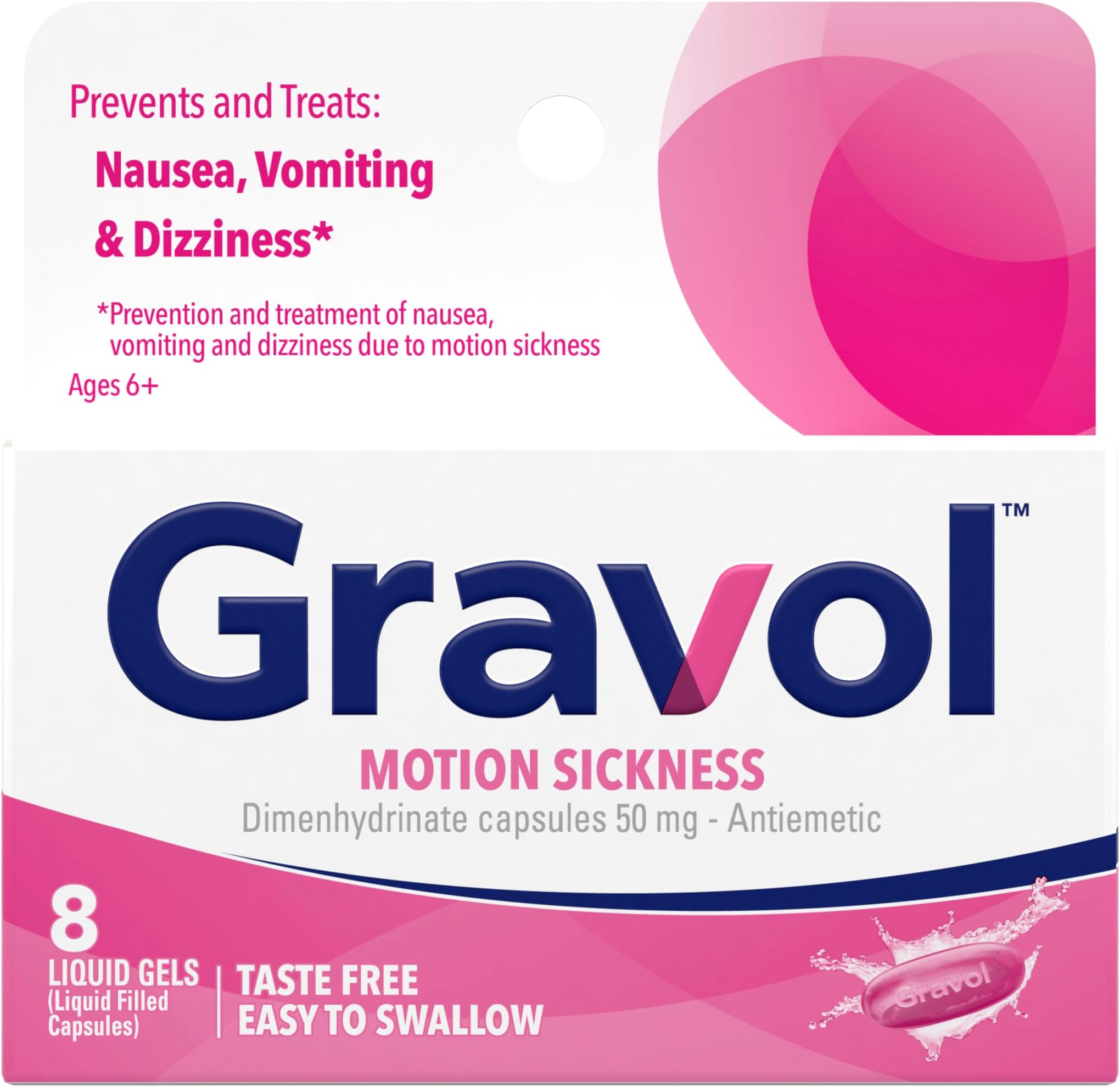 Liquid Gels 50mg for Motion Sickness Prevention and Relief, 8ct