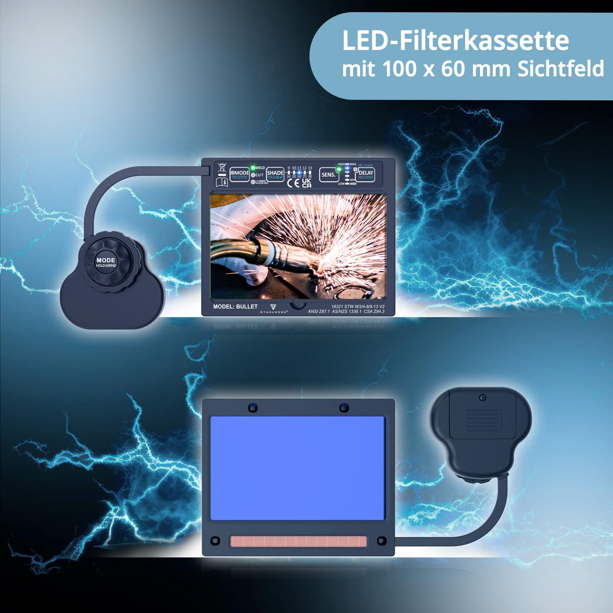 STAHLWERK Casque de soudage Automatique 3-en-1 Bullet – Kit avec Bonnet de Soudure, True Colour, obscurcissement Automatique DIN 4-13, Classe Optique 1/1/1/2, Champ de Vision 100 x 60 mm