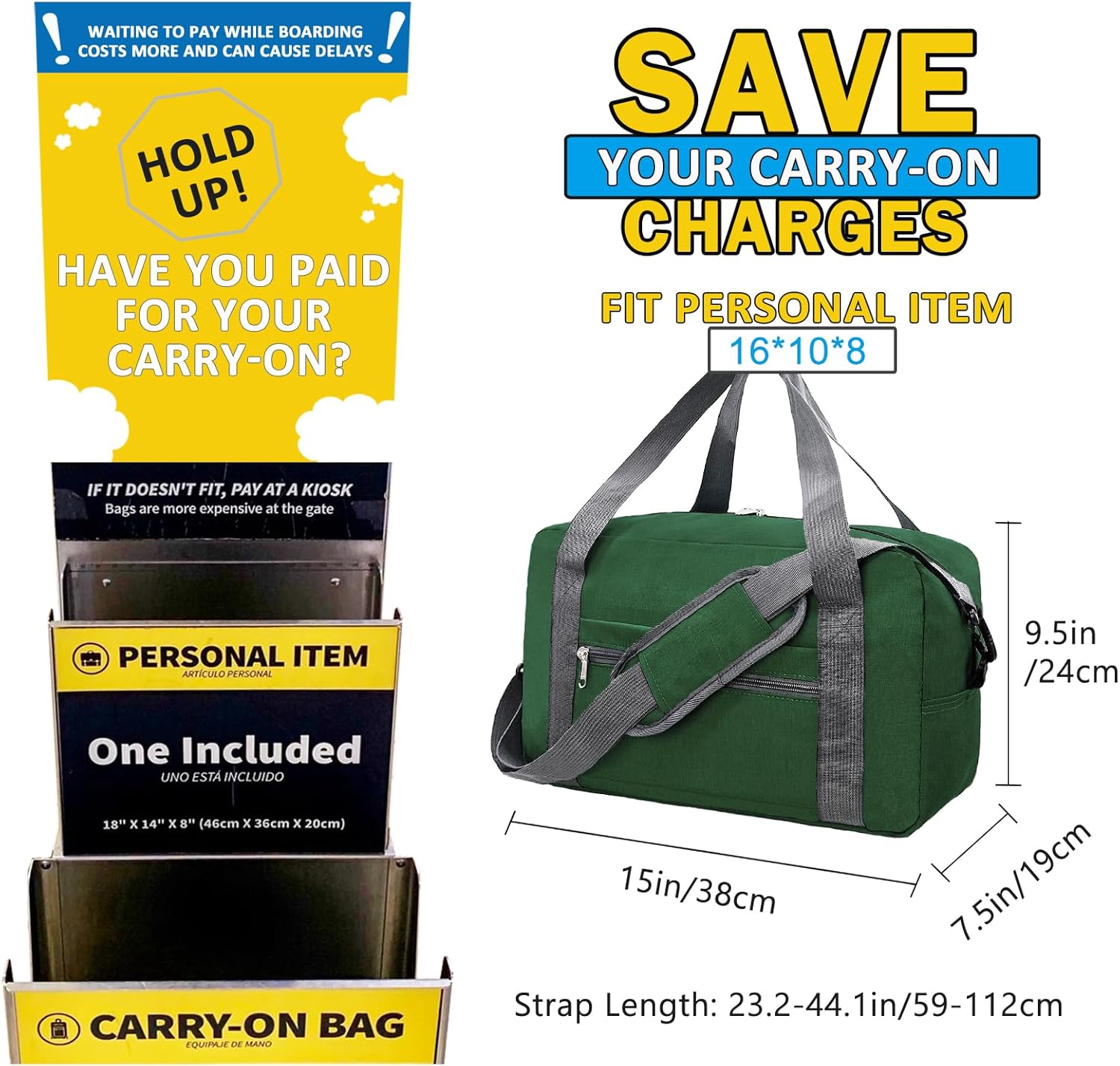 15 Inch Small Carry On Bags for Airplanes Spirit Airlines Personal Item Bag Underseat Foldable Travel Duffle Gym Bags for Women Men(20L,Green) - Image 3