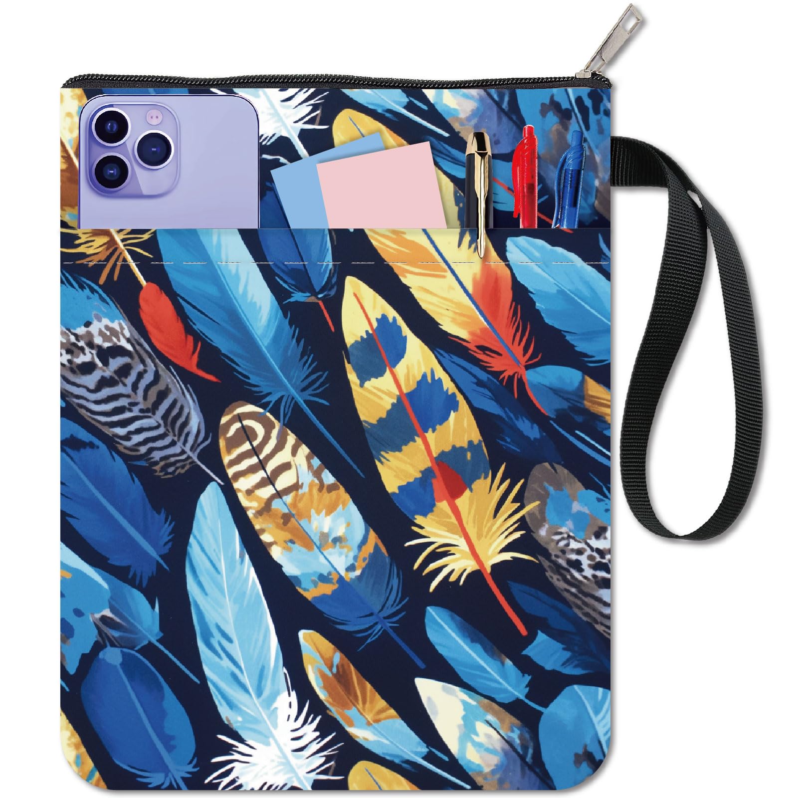 CRASPIRE Funda de Libro con Plumas Fundas de Libros Coloridas Protector de Libros Azul para Libros de Bolsillo Funda de Tela Lavable con Cremallera Y Bolsillo Adicional para Amantes de los Libros