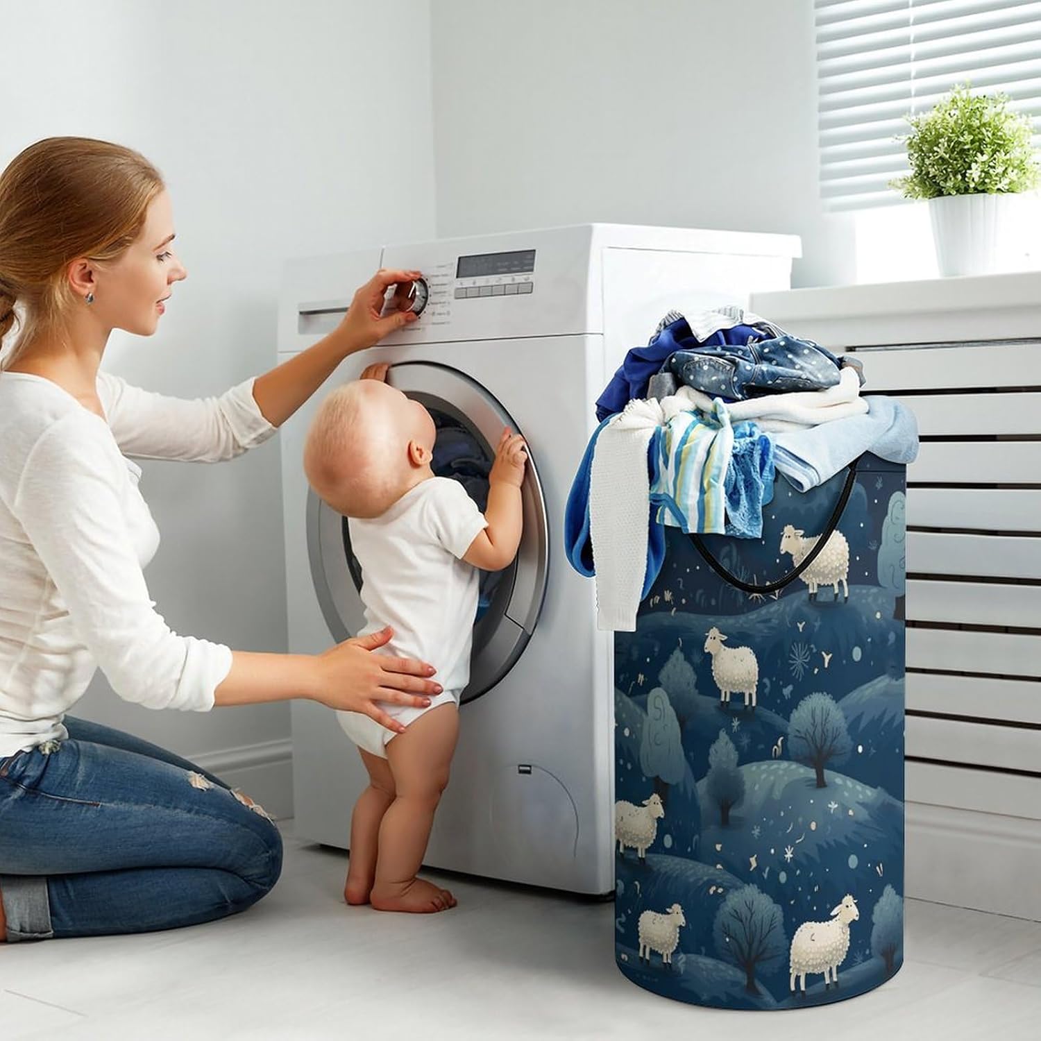 Laundry Basket Sheep in The Night Printed Storage Basket Dirty Clothes Basket Laundry Basket with Handles for Home And Laundry Dorm