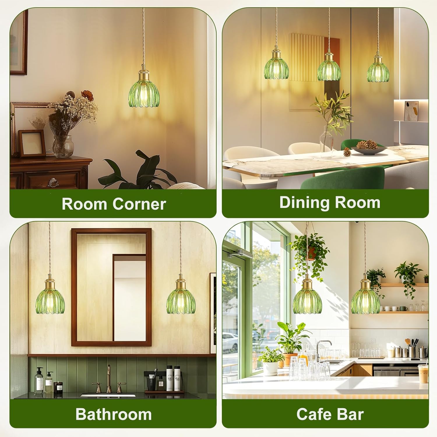 DIKADIA Kitchen Pendant Lights Over Island, Vintage Hanging Lamp with Green Tulip Glass Lampshade, Mini Gold Pendant Light Fixtures for Bedroom, Living Room, Hallway (1 Pack)