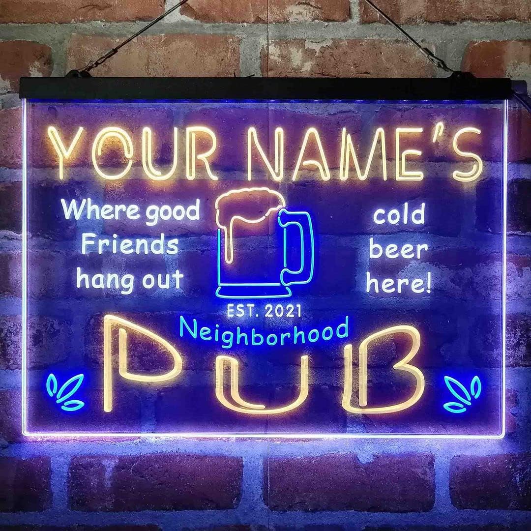 Personalized Neighborhood Pub Tri-Color LED Neon Light Sign Customize Name Date Text Quote Font White & Blue & Yellow 17.7 x 13.6 Inches st9s43-pg1-tm-wby