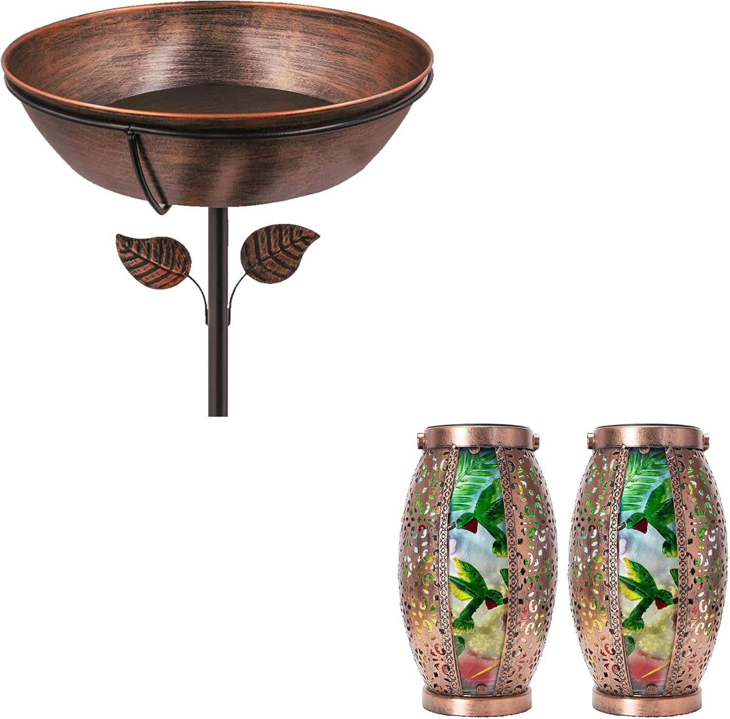 Metal Bird Bath for Outdoors+2PC Hummingbird Solar Lantern Outdoor Waterproof 13" Dia Bowl with Stake Birdbaths Large Glass & Metal Hanging Solar Light Garden Yard Decor Decor Gifts
