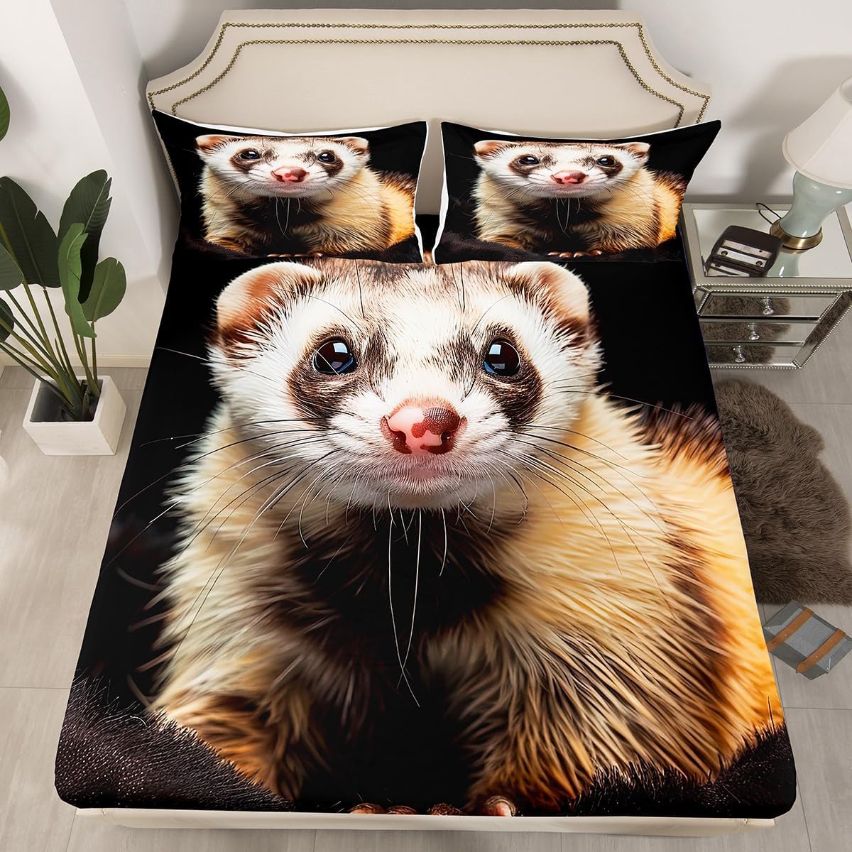 Erosebridal 3D Ferret Full Sheets Wild Animal Print Fitted Sheet, Pet Theme Bed Sheets Brown White Bed Cover, Ferret Lovers Gifts Bedding for All Seasons Microfiber 3pcs (Deep Pocket)