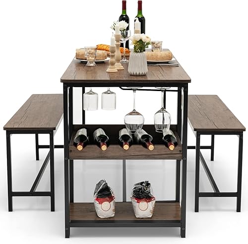 Miniatura 9 de Giantex Juego de mesa de comedor para 4, juego de mesa de cocina de 3 piezas de 55 pulgadas de largo con 2 bancos, mesa de desayuno con estante para