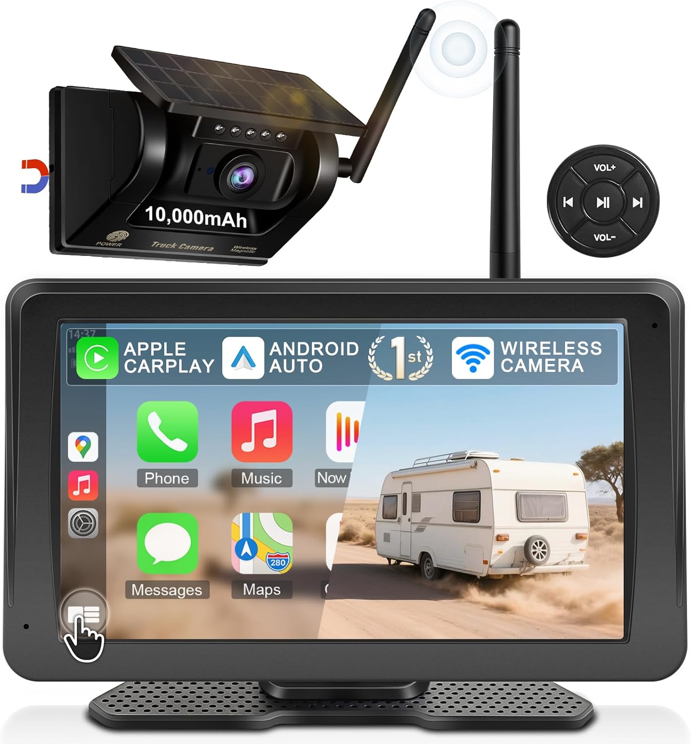 Wireless Backup Camera for Truck RV - 7" Portable Apple CarPlay Android Auto Touchscreen Monitor - 10000mAh Solar Magnetic Rear View Camera for Pickup, Trailer, Camper Van, Fifth Wheel, Box Semi Truck