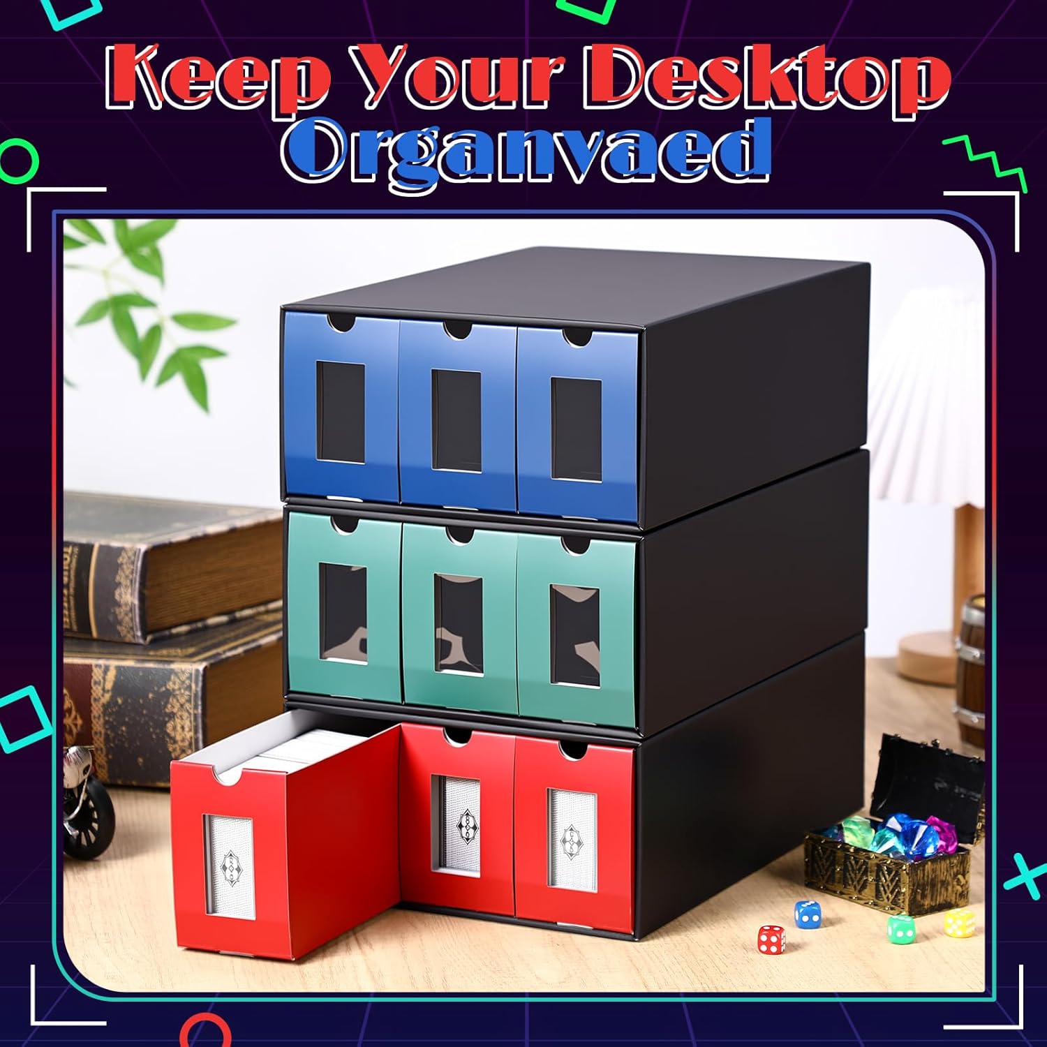 Wonderjune 9 Drawer Trading Card Storage Box Includes 9-600 CT Boxes Trading Card Organizer Collection Box Fit for TCG, Sport Games (Black)