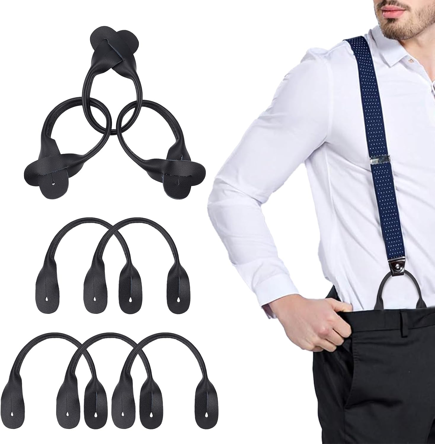 NICENEEDED 8 PCS Suspender Genuine Leather Strips, 9.4 Inch Black Adjustable Leather Braces for Wedding Party Business, Rounded Elastic Replacement for Button End Suspender