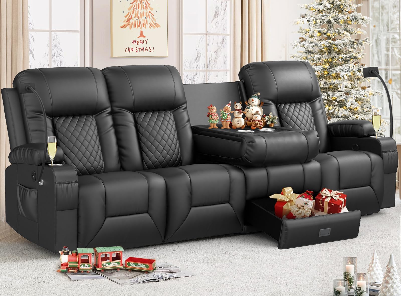 FURNIMAT Recliner Sofa, 4 Seater Dual Reclining Sofa with Flip Back Console, Modern PU Leather Recliner Couch for Living Room/RV, with Storage Drawer, USB Ports, Cup Holder, Cell Phone Holder, Black