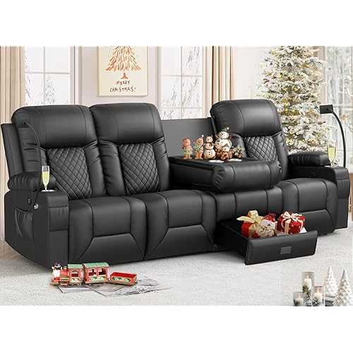 Recliner Sofa, 4 Seater Dual Reclining Sofa with Flip Back Console, Modern PU Leather Recliner Couch for Living Room/RV, with Storage Drawer, USB Ports, Cup Holder, Cell Phone Holder, Black