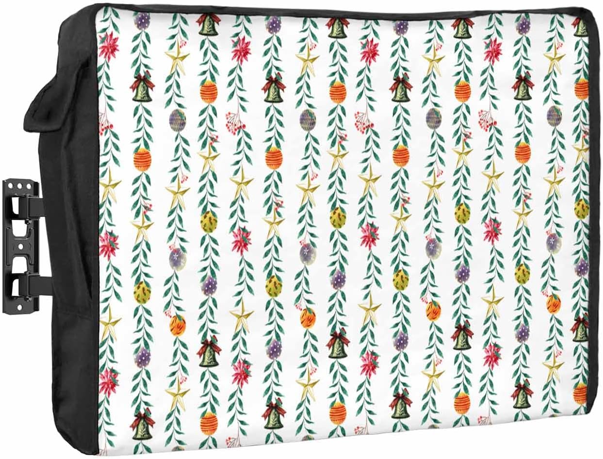 Christmas Balls White Outdoor TV Cover 70"-75" - 600D Waterproof TV Cover Weatherproof TV Screen Protector Dustproof Winter Botanical Xmas Leaves TV Display Protector for Outside Flat Screen TV