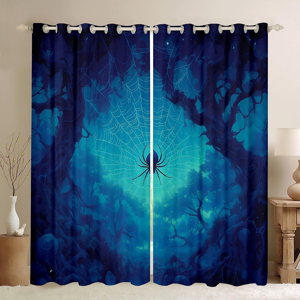 Castle Fairy Halloween Ghost Curtain for Bedroom,Green Plant Natural Rustic Farmhouse Blackout Window Curtain for Girls Boys,Cartoon Cute Ghost Print Window Treatment,Microfiber Durable, 52Wx90L inch