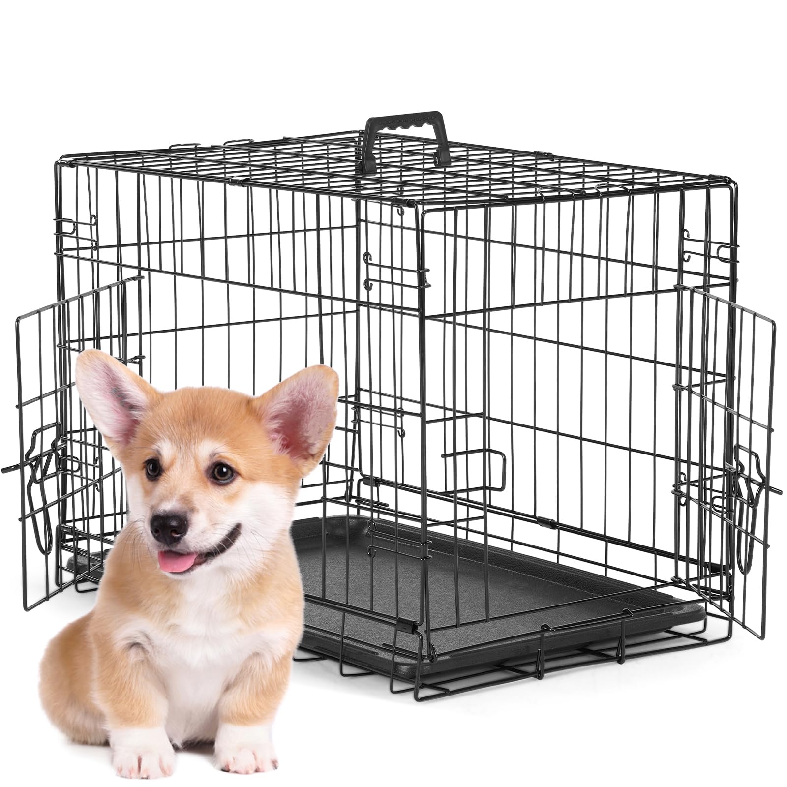 Crates for Dogs Double-Door,Enhanced Metal Structure with Divider Panel & Removable Tray,Small Homes Foldable Cage for Pets Portable Handle Move to Indoor/Outdoor,24 Inch Black
