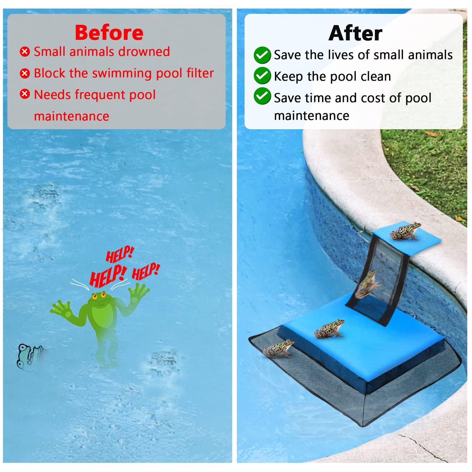 Pool Animal Saving Escape Ramp, Frog Saver for Swimming Pool Critter, Rescue for Frog, Toads, Lizards, Ducks, Snakes, Squirrel, Chipmunk, Mice, Reduces Pool Maintenance Accessories, (2 PCS Blue)