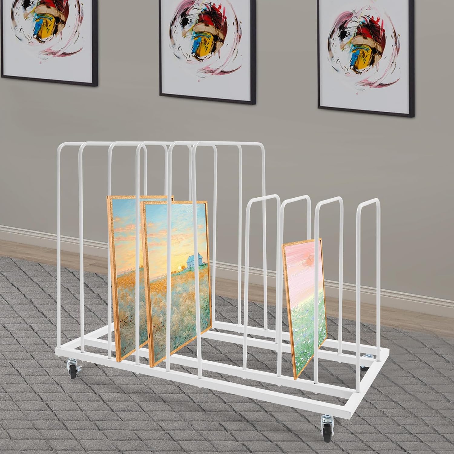 Art Storage Rack with Wheels, 9 Compartments Art Drying Rack Rolling Art Painting Display Rack Canvas Storage Craft Room Organization Metal Storage Stand for Studios, Galleries, Homes (White)