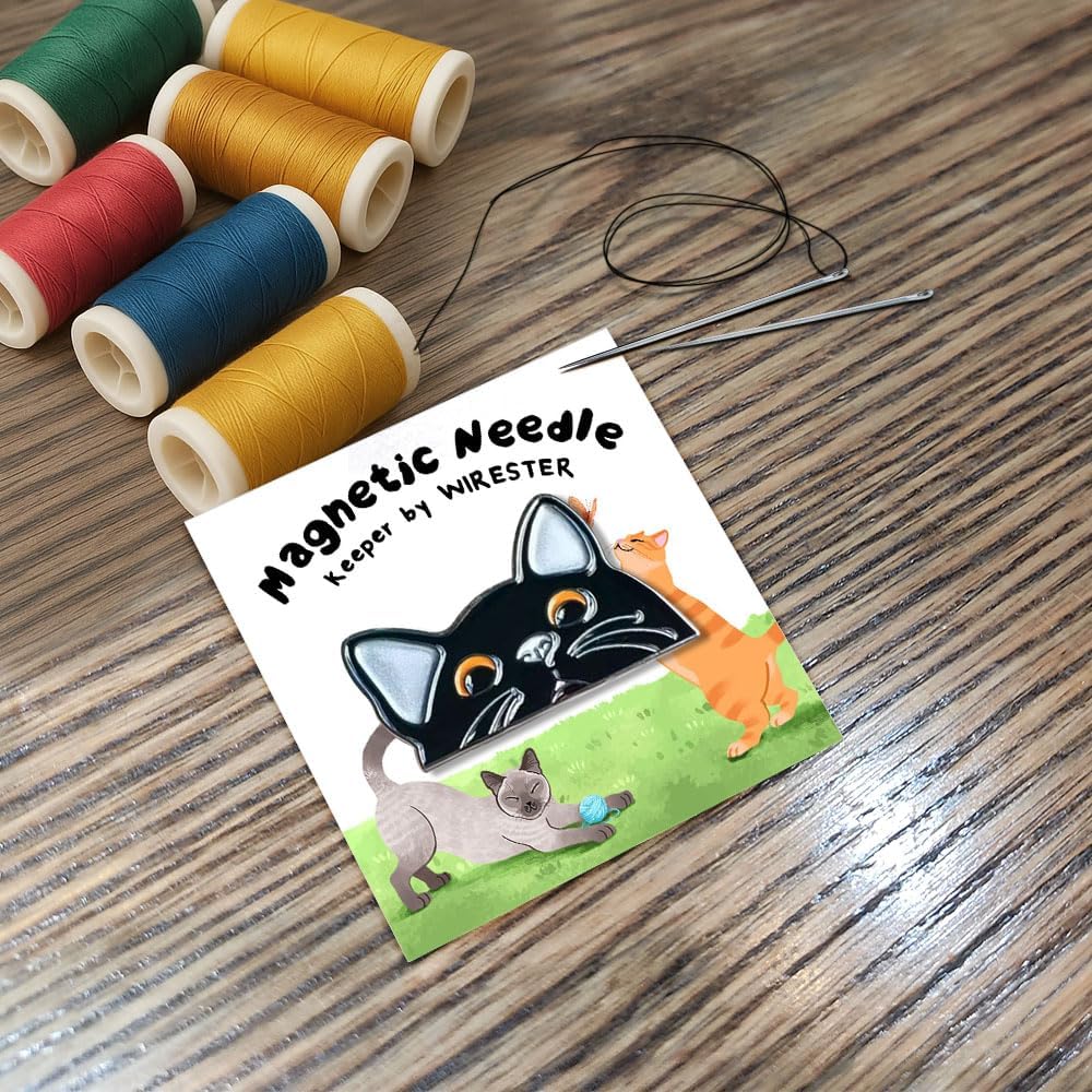 WIRESTER Magnetic Needle Minder for Organizing, Cute Needle Nanny Magnet for Cross Stitch, Embroidery, Sewing and Needlework Accessories - Black Bombay Kitten Cat