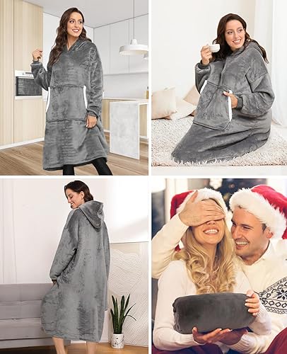 Miniatura 9 de Sendowtek Manta larga Sherpa con capucha para mujeres y hombres, con bolsillo gigante, acogedora manta con capucha para adultos y adolescentes (gris)