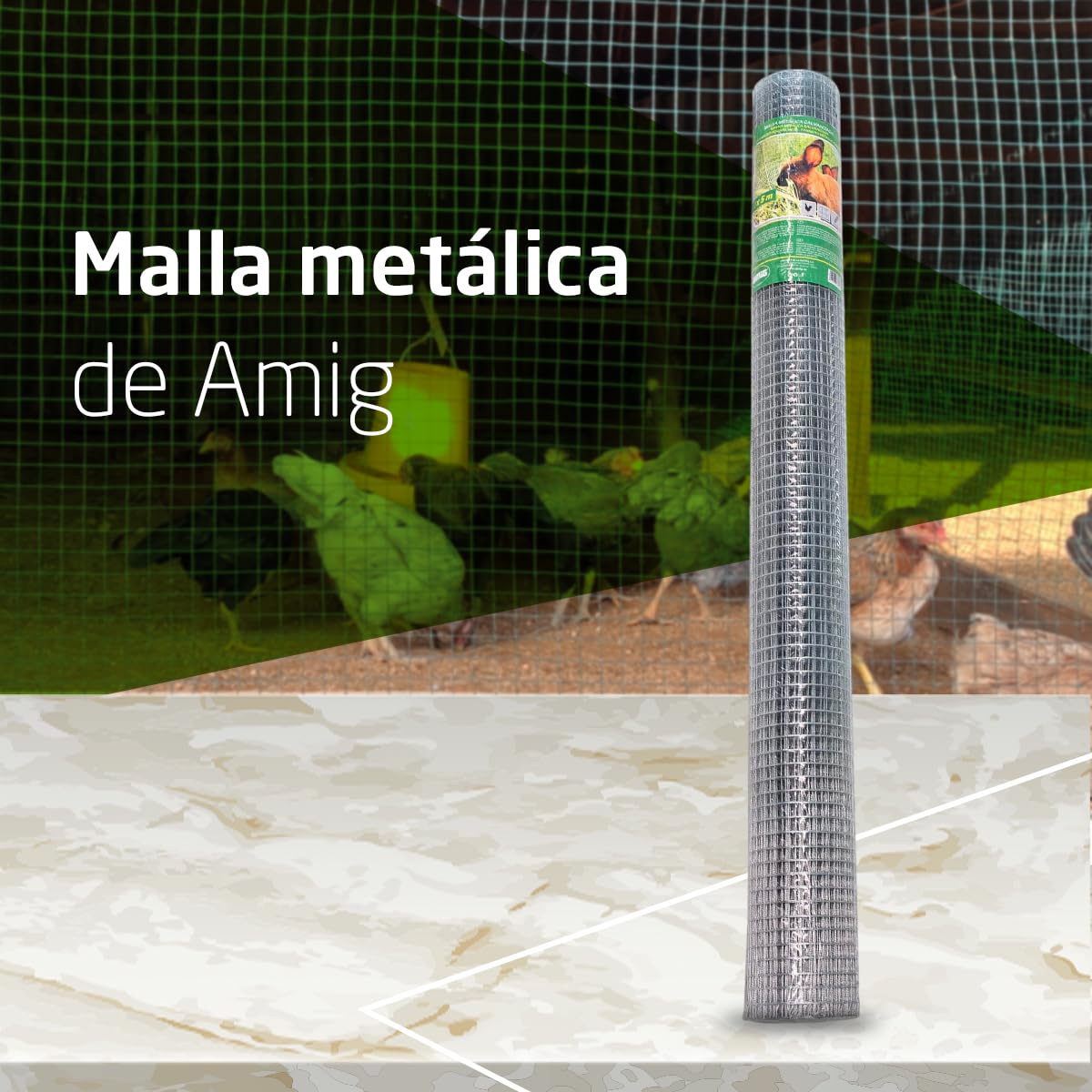 Amig - Malla Metálica Galvanizada Cuadrada - Fabricado en Acero Galvanizado - Medidas: 1 m x 5 m - Ideal para Aplicaciones Avícolas, Agrícolas, Jardinería y Construcción