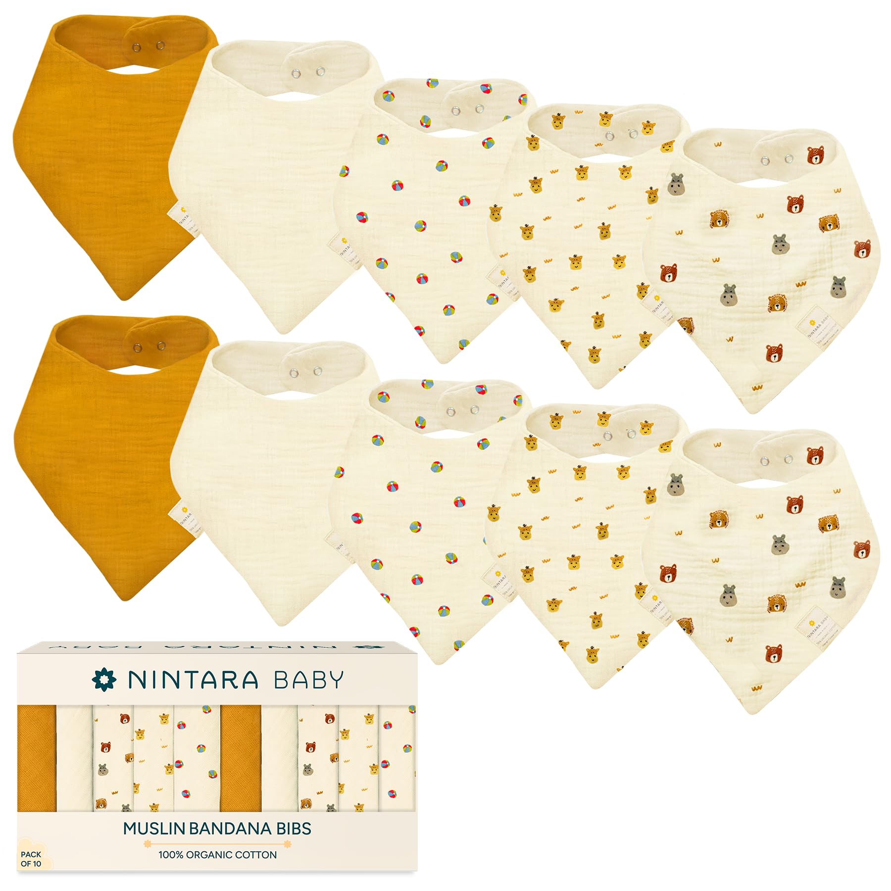 Bandana Bibs - 100% Organic Premium Muslin Cotton, Absorbent, Soft, Adjustable Snap Buttons, Reversible, 7-Layers for Drooling, Teething, Feeding, Gifts for Babies Ages 0-3, Pack of 10-image-14