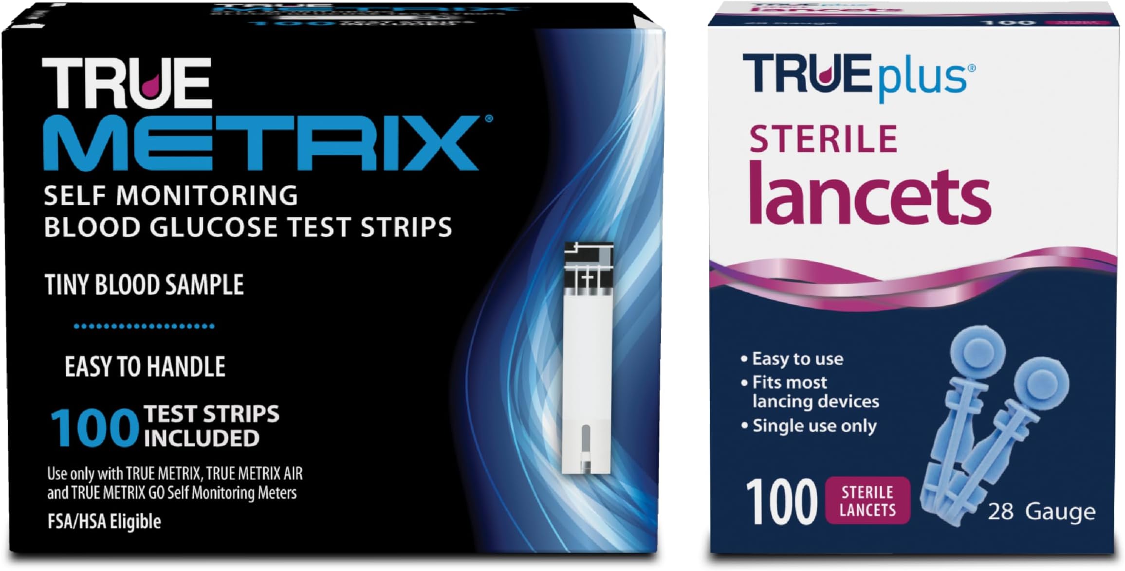 Self Monitoring Blood Glucose Test Strips and TRUEplus 30g Lancets Bundle, TRUE METRIX Family of Self Monitoring Blood Glucose Meters, 100 Count Strips, 100 Count Lancets