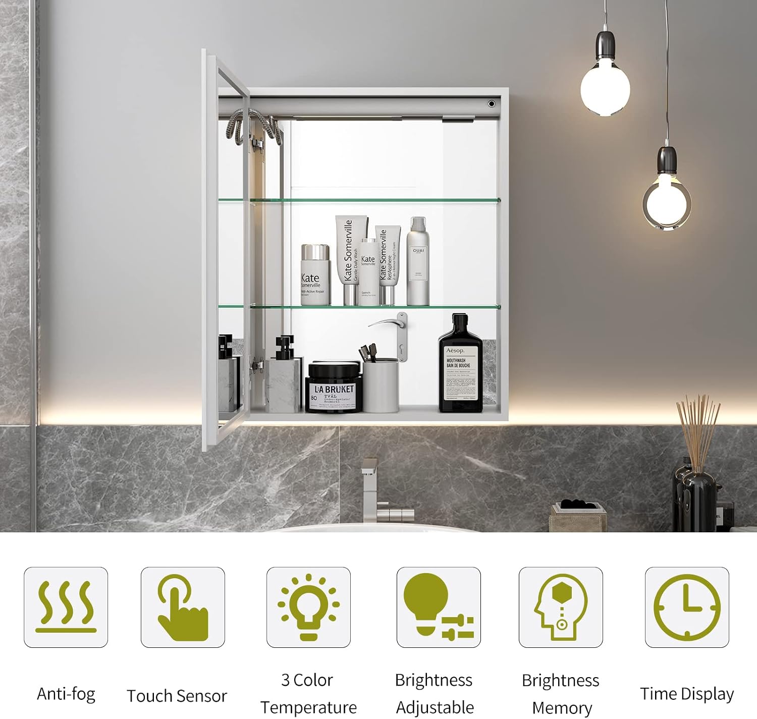 Bathroom Medicine Cabinet with Mirror, 20''X26'' LED Bathroom Cabinet Wall Mounted, Bathroom Vanity Mirror with Touch Button, Anti-Fog Touch Dimmable Lighting Mirror for Bathroom, White image 4