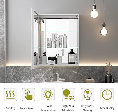 Miniatura 4 de SogesGame Botiquín de baño con espejo, armario de baño LED de 20 x 26 pulgadas montado en la pared, espejo de tocador de baño con botón táctil,