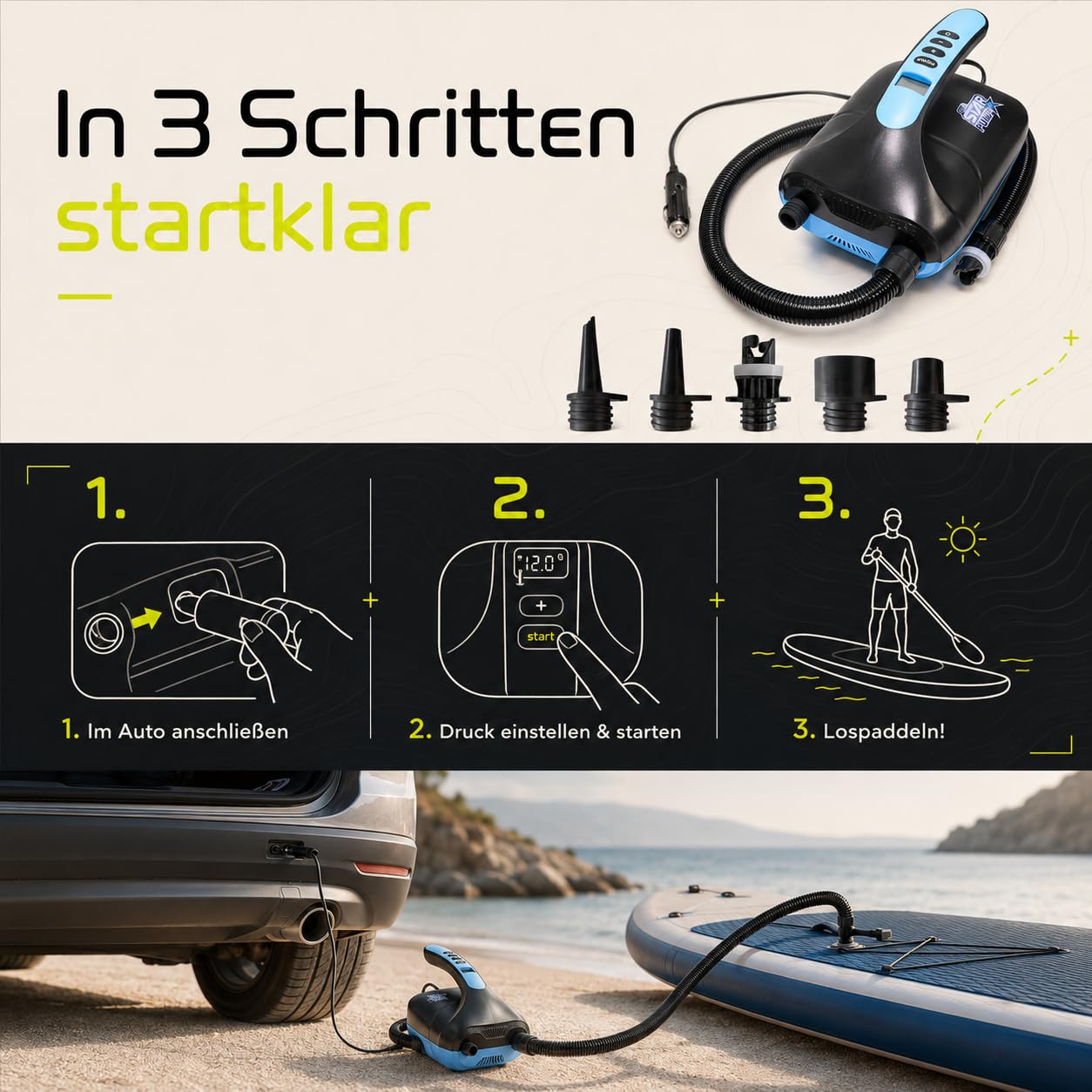 SkinStar elektrische SUP Board Pumpe Luftpumpe Kompressor Stand Up Paddle | Bis 20 PSI, automatischer Stopp, 2-Stufen-System, Abpumpfunktion, 12V Autoadapter 2,75 m, 5 Adapter, deutsche Marke