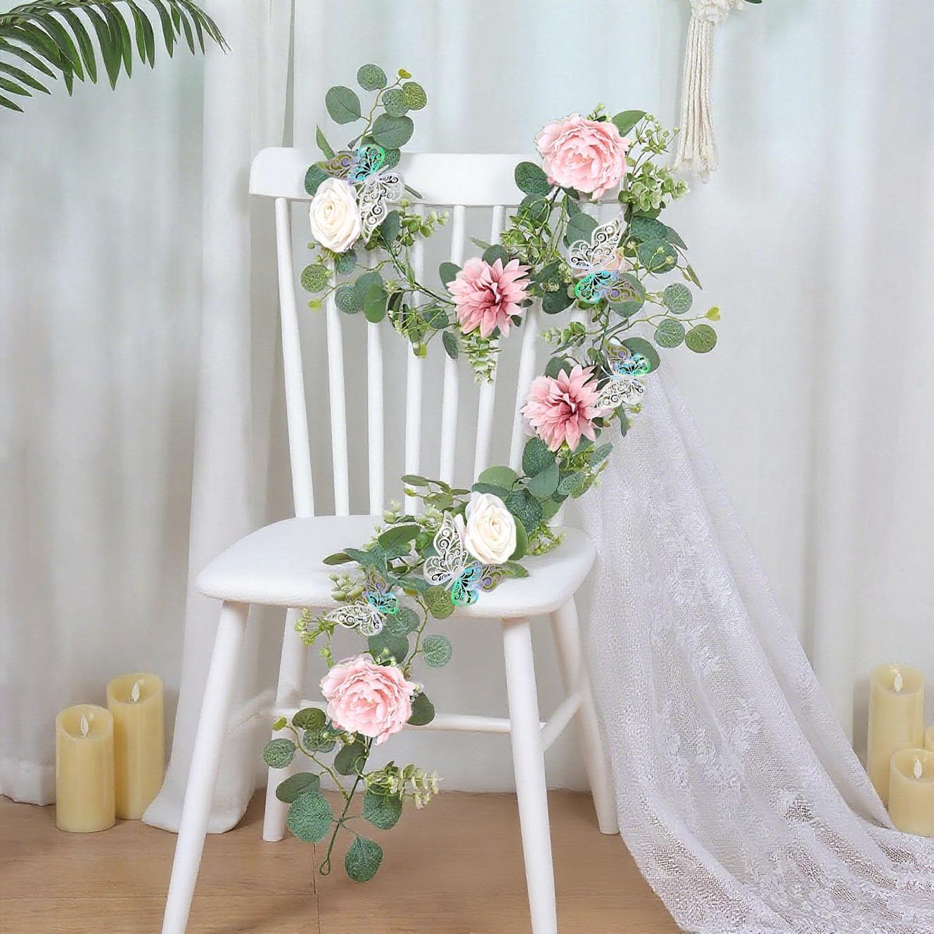 Eucalyptus Flower Garland with Butterflies, 2PCS, 5.9Ft Length Each, Fake Rose Garland, Pink Flower Vines, Faux Floral Greenery for Wedding Table Backdrop Arch Party Centerpiece Decor(Dusty Pink)