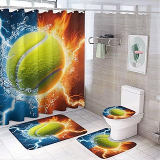 4PCS Vibrant Tennis Ball Flame Shower Curtain Set 72W X 72L, Water Lightning Pattern Print Bathroom Decor, Toilet Lid Cover Non-Slip Rugs and U-Shaped Mat Set 12 Hooks