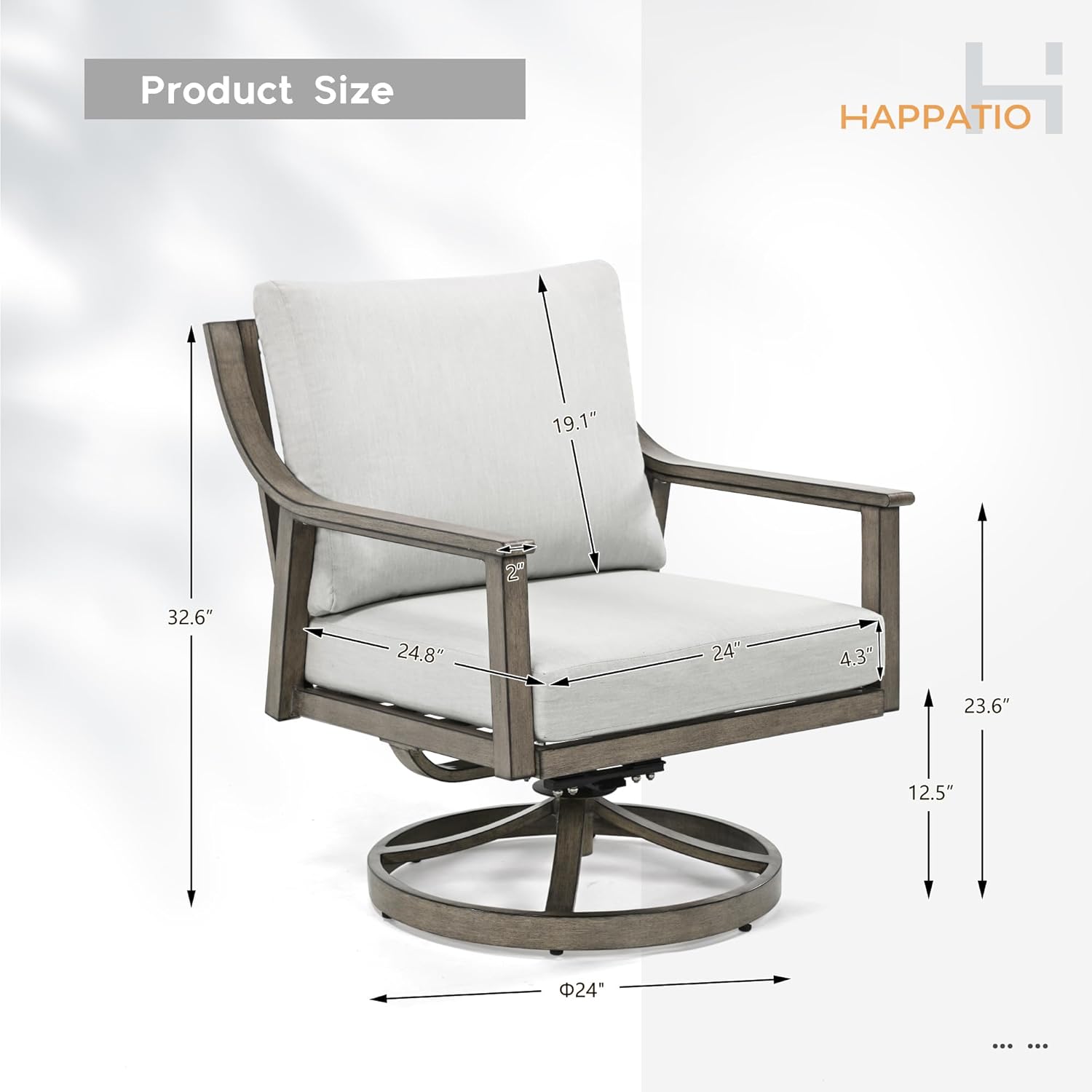 HAPPATIO Outdoor Patio Swivel Sofa Chairs Set of 2, Aluminum Patio Furniture Armchair,360 Degree Rotating Basic with 4.5" Thicken Removable Cushions for Deck, Lawn, Outside (Grey)
