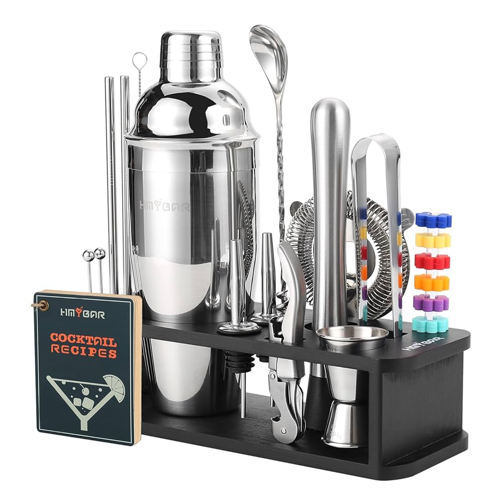 22-pc Cocktail Shaker Set(24oz/700ml) | Mixology Bartender Kit | Bar Set | Bar Tool Set | Martini Making Set with 39-Recipe Cocktail Cards & Kit's Deco, Bamboo Stand Black Color, Silver Tools