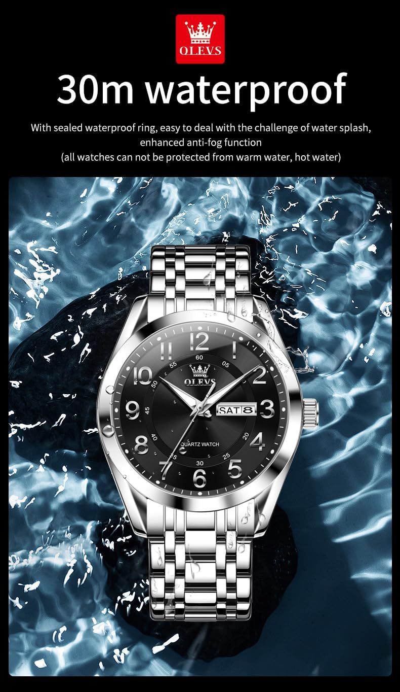 OLEVS Mens Watches Business Large Numer Easy to Read Quartz Watch Stainless Steel Waterproof Luminous Date Casual Male Watch - Image 4