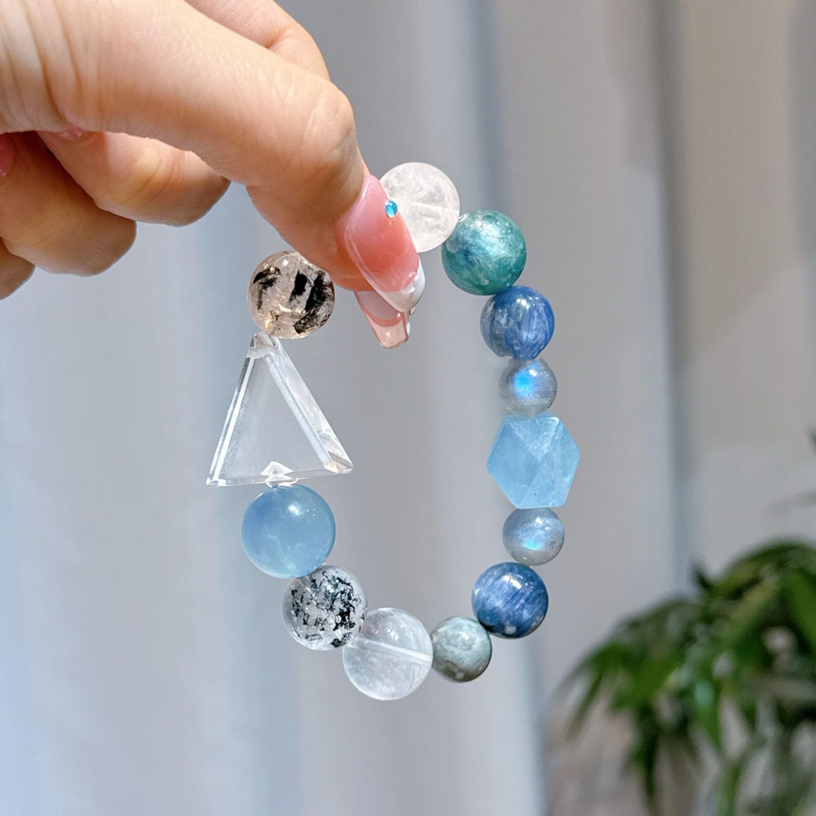 Pulsera de Piedra Aguamarina, auténticas Pulseras elásticas de Cuarzo Transparente, Cuentas de Cristal Azul Claro para la Paz y la claridad, joyería elástica para meditación